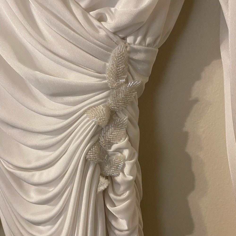 VTG‎ 1980s Ruched Ivory Laura Winston Embellished Midi Dress Juniors Size 9-10 - Picture 2 of 4
